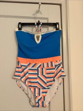 Brand new - Brazilian Bari Blue & Coral One-Piece Swimsuit - halter top